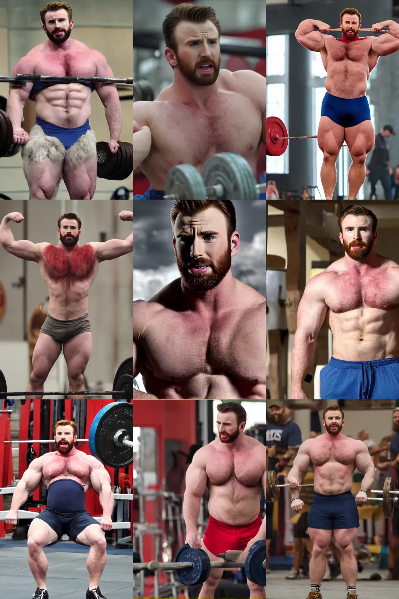 Prompt: chris evans as a powerlifter, masculine, muscular, handsome, powerful, hairy torso, 4 k hd