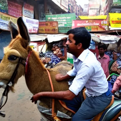 Prompt: portrait of arvind kejriwal riding a donkey in a crowded delhi market