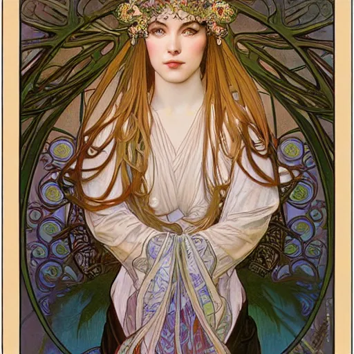 Prompt: realistic detailed face portrait of a beautiful young queen of Japanese Maple trees by Alphonse Mucha, Greg Hildebrandt, and Mark Brooks, Art Nouveau, spirals, Neo-Gothic, gothic