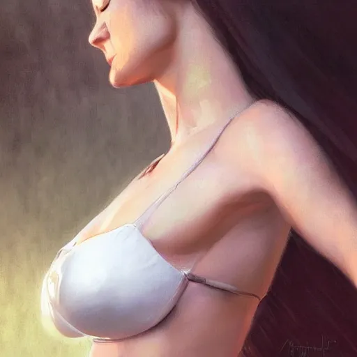 Prompt: a beautiful girl with white small bra looking at camera | | realistic shaded, fine details, realistic shaded lighting poster by greg rutkowski, magali villeneuve, ddd cup size, artgerm, jeremy lipkin and michael garmash and rob rey