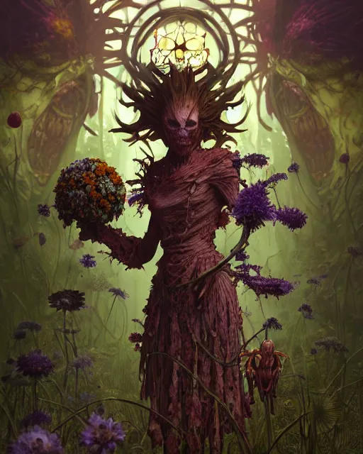 Image similar to the platonic ideal of flowers, rotting, insects and praying of cletus kasady carnage thanos davinci nazgul wild hunt chtulu mandelbulb ponyo botw bioshock, d & d, fantasy, ego death, decay, dmt, psilocybin, concept art by randy vargas and greg rutkowski and ruan jia and alphonse mucha