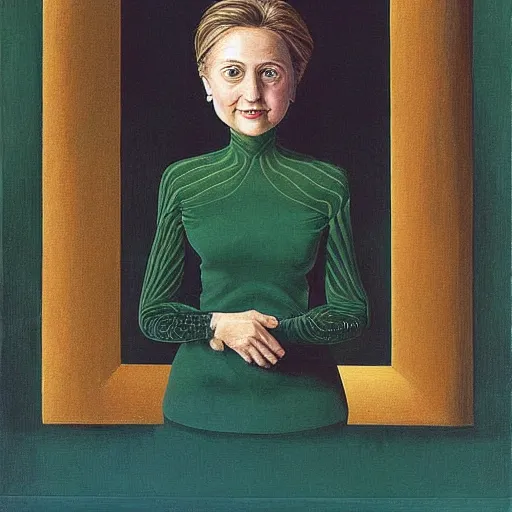 Image similar to very very beautiful surreal detailed portrait of young hillary clinton, painted by max ernst