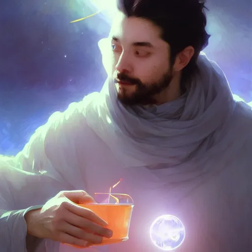 Image similar to A man drinking a cup of cosmic energy bright light, illustration by Ruan Jia and Mandy Jurgens and William-Adolphe Bouguereau, Artgerm, 4k, digital art, surreal, anime style, space dandy style, highly detailed, godsend, artstation, digital painting, concept art, smooth, sharp focus, illustration by Ruan Jia and Mandy Jurgens and William-Adolphe Bouguereau, Artgerm