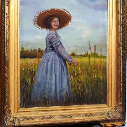 Image similar to pioneer lady in a meadow, prairie dress and bonnet, portrait, oil