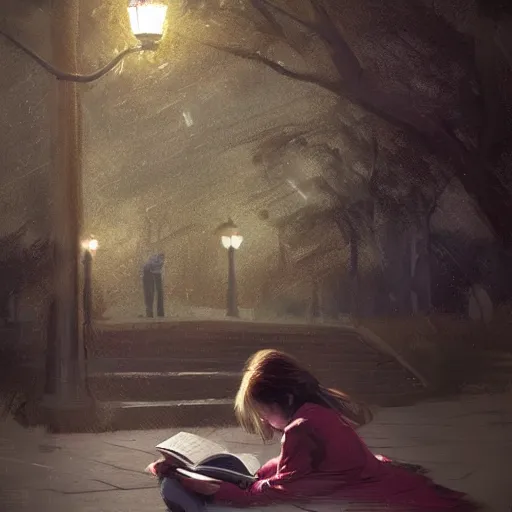 Image similar to a girl reading a book, city park, street lighting, greg rutkowski, digital painting