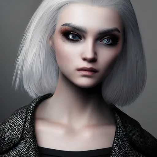 Image similar to highly detailed portrait of beautiful white haired android female, wearing a black jacket, very beautiful face, very detailed eyes, intricate, cgsociety, cinematic studio lighting