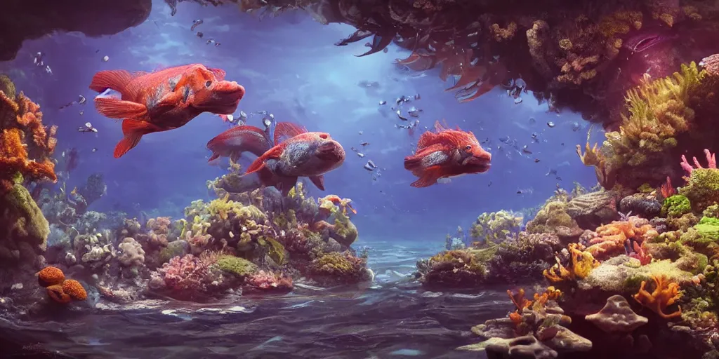Image similar to underwater enviroment with Lophiiformes creatures, unreal 5, hyperrealistic, realistic, photorealistic, dynamic lighting, highly detailed, cinematic landscape, studio landscape, studio lighting