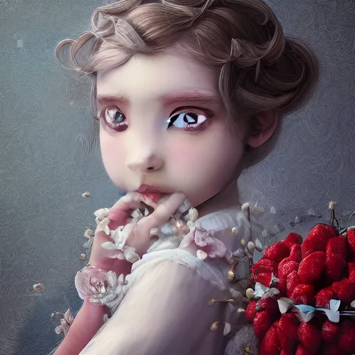 Prompt: the portrait of the absurdly beautiful, graceful, elegant, sophisticated, fashionable little girl made of strawberries and white petals looking down, an ultrafine hyperdetailed illustration by kim jung gi, irakli nadar, intricate linework, bright colors, octopath traveler, final fantasy, unreal engine 5 highly rendered, global illumination, radiant light, detailed and intricate environment