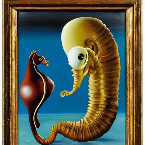Prompt: A pair of long-snouted seahorses and a floating egg, oil painting by Salvador Dali.