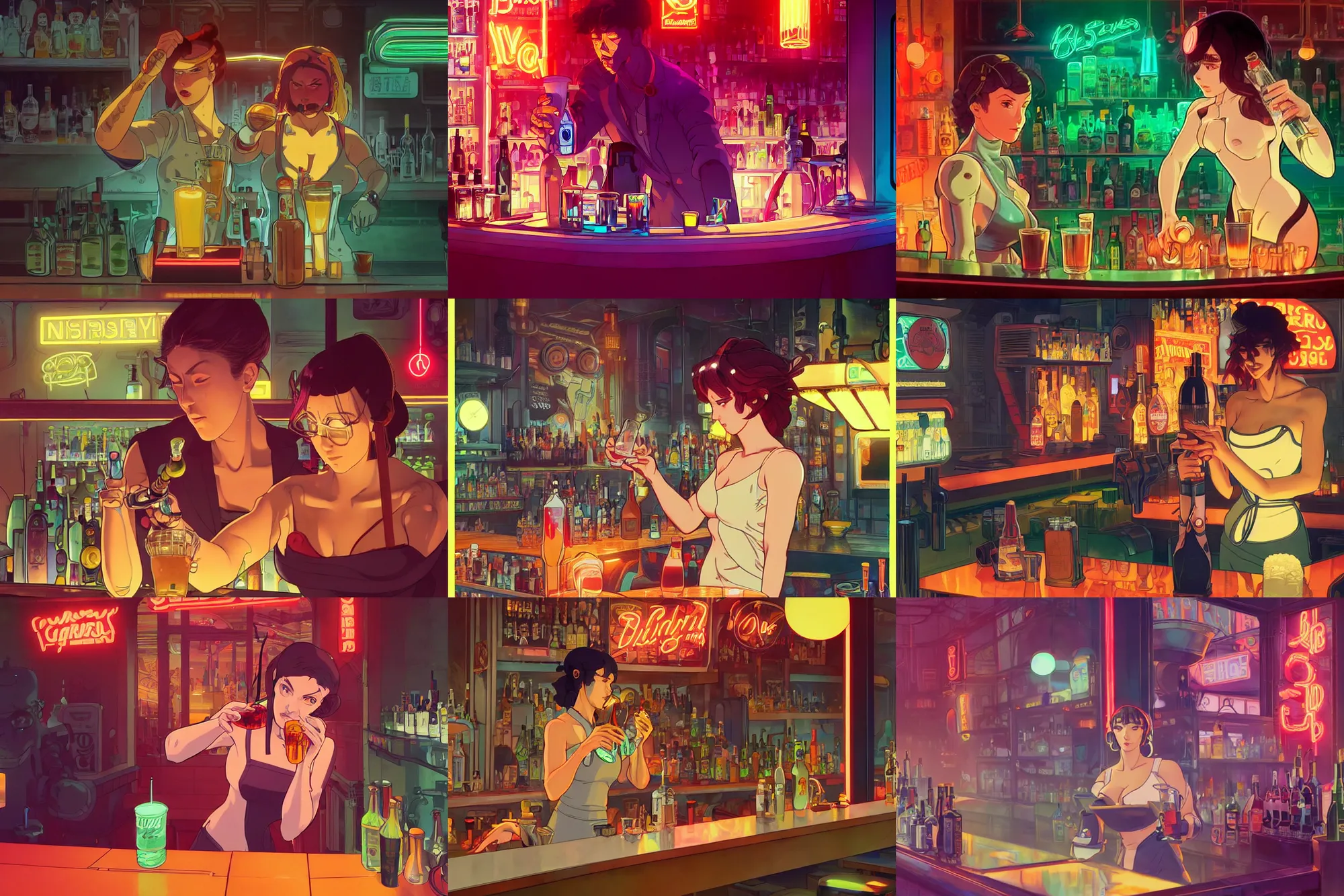 Prompt: cyborg bartender mixing a drink in a seedy neon - lit bar, finely illustrated face, highly detailed, colored pencil, studio ghibli, anime screenshot, in the style of ilya kuvshinov and krenz cushart and william - adolphe bouguereau and alphonse mucha