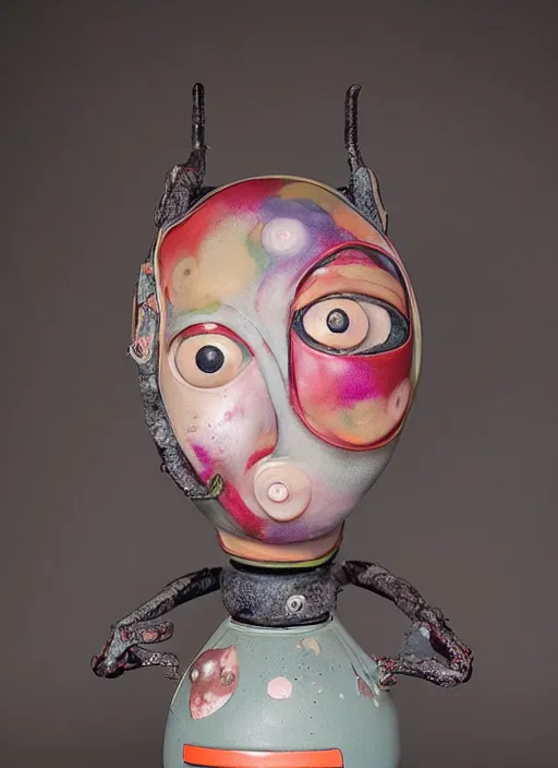 Prompt: studio photograph of a contemporary ceramic sculpture of a quirky female android by hikari shimoda and jack gaughan