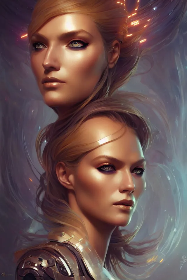 Image similar to futuristic woman portrait, sci-fi, amber eyes, face, long hair, fantasy, intricate, elegant, highly detailed, digital painting, artstation, concept art, smooth, sharp focus, illustration, art by artgerm and greg rutkowski and alphonse mucha