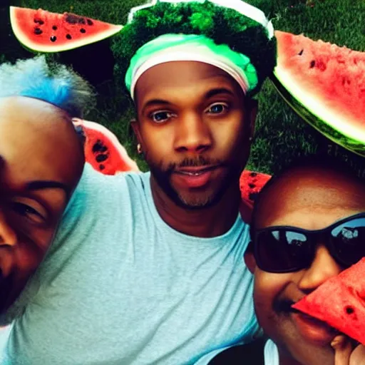 Image similar to black guy with half of a watermelon on his head, selfie photo