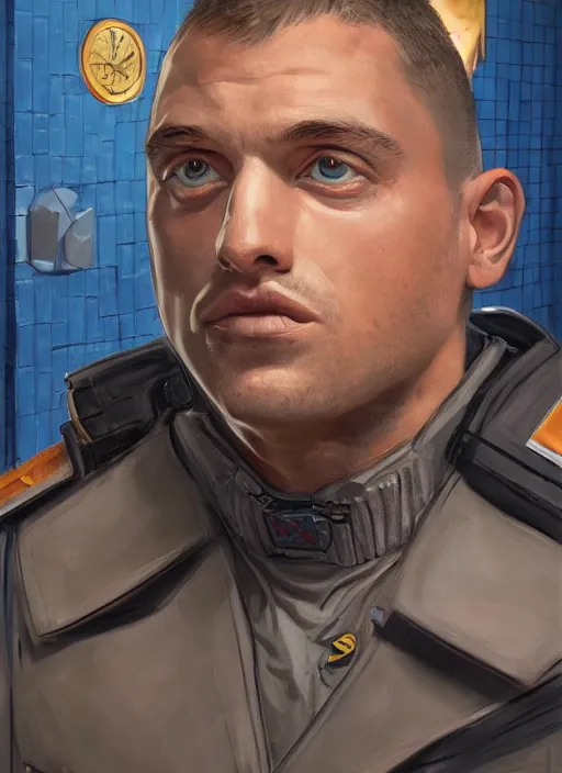 Image similar to portrait of a handsome hunky security guart in a futuristic prison. art by denys tsiperko and dan dos santos. detailed, hyperrealism, 8 k resolution