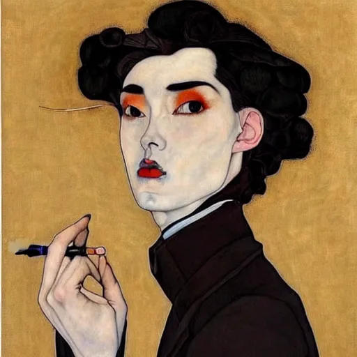 Image similar to full body painting of grumpy handsome thin beautiful man in his 2 0 s named min - jun in a french female maid outfit, modern clothing, elegant, clear, painting, stylized, delicate facial features, stylized thin lines, soft but grumpy, highly detailed, art, art by egon schiele