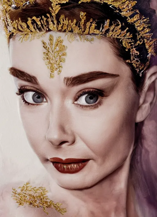 Prompt: an oil on canvas face and shoulders portrait! face-close-up of Audrey Hepburn as Galadriel , wavy hair covered by an orchid floral crown. The royal dress is made of intricate gold and silver threads with jewellery, composing complex geometrical patterns, zenithal lighting, shot on 70 mm, by Alina Ivanchenko and Hirothropologie and Patrick DeMarchelier .