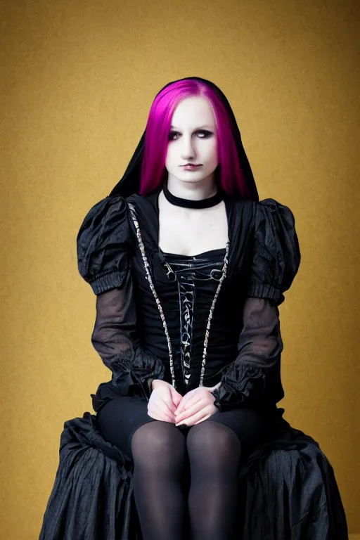 Prompt: full - length photo, young woman, sitting on chair, gothic clothes, 4 k, colourful