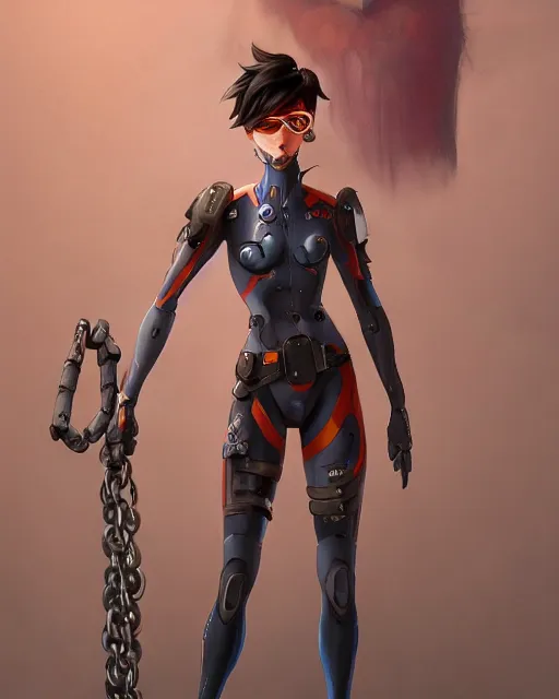 Image similar to full figure, painting of tracer from overwatch, in style of zdzisław beksinski, horror, 4 k, feminine facial features, full armor, full armor, detailed face, tall, dark ropes and chains in background