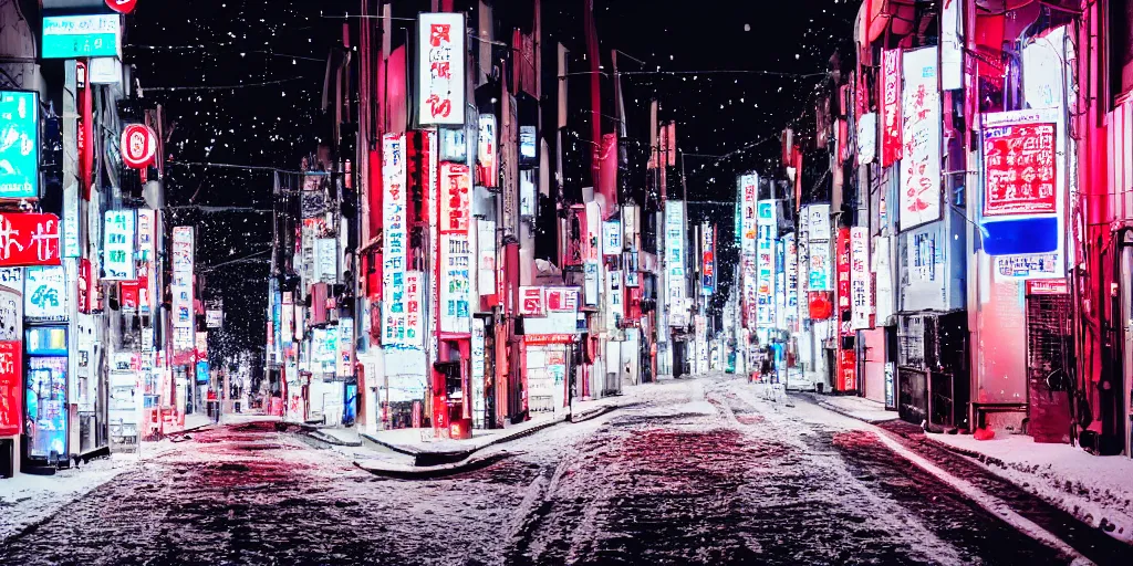 Image similar to a city street at night, snowing, photograph, cyberpunk, sharp focus, intricate detail, drone shot, high resolution, 8k, neon streetlights, wires hanging down everywhere, Japan, colourful