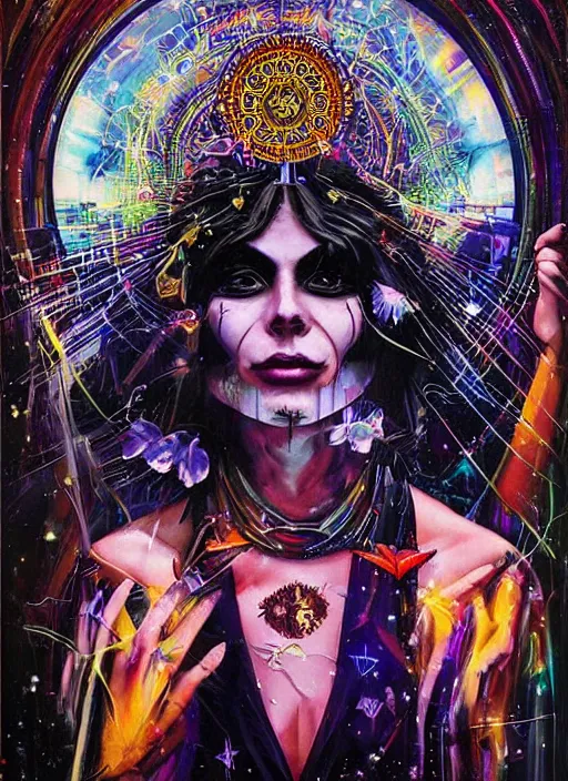 Image similar to gorgeous magic cult psychic woman smiling, third eye, energetic consciousness psychedelic, epic surrealism expressionism symbolism, story telling, iconic, dark robed, oil painting, symmetrical face, dark myth mythos, by Sandra Chevrier, Noriyoshi Ohrai masterpiece