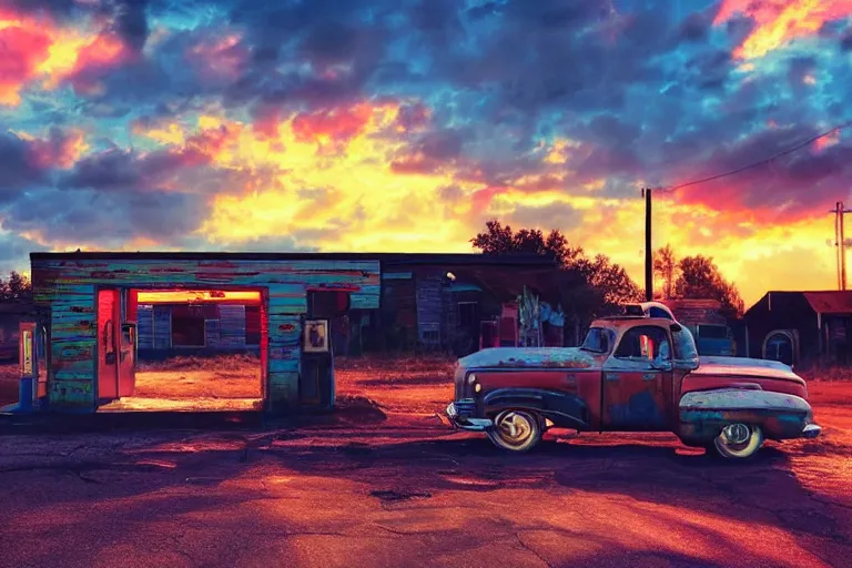 Image similar to a sunset light landscape with historical route 6 6, lots of sparkling details and sun ray ’ s, blinding backlight, smoke, volumetric lighting, colorful, octane, 3 5 mm, abandoned gas station, old rusty pickup - truck, beautiful epic colored reflections, very colorful heavenly, softlight