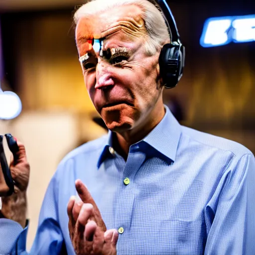 Prompt: joe biden wearing a gaming headset, Canon EOS 5D Mark IV DSLR Camera with 24-105mm f/4L II Lens