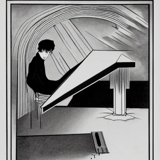 Image similar to the somnambulist from the cabinet of dr. caligari playing a emerson moog modular synthesizer, style of aubrey beardsley
