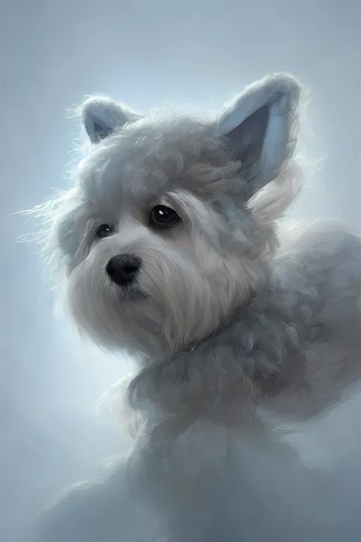 Image similar to cute adorable shih-poo, realistic and ultra intricate detailed soft painting, volumetric lighting, mist, Artstation, Tom Bagshaw Yasushi Nirasawa Moebius artstyle, unreal render, depth of field