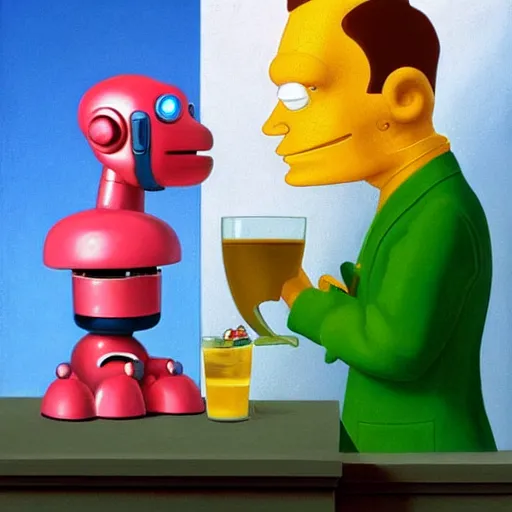 Prompt: a futurama-robot having a drink with his best friend Phillip Fry by Raphael, Hopper, and Rene Magritte. detailed, romantic, enchanting, trending on artstation.