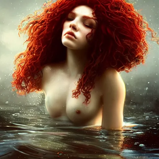 Image similar to a portrait of woman with long dark curly red hair under the water, stoic, pale skin, scales, mermaid, alone, white eyes, dramatic, epic painting, painting by wlop and nixeu, semirealism, artstation, octane render, sharpness, 8 k, golden ratio