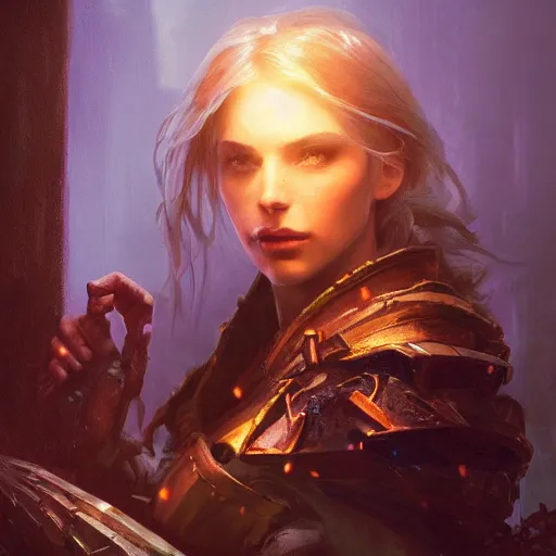 Image similar to closeup portrait of a dungeons and dragons character, dramatic lighting, castle background, gorgeous view, realistic, high detail, depth of field, lightrays, atmospheric, digital art, painted by greg rutkowski, painted by jeremy mann, painted by alphonse mucha, trending on artstation