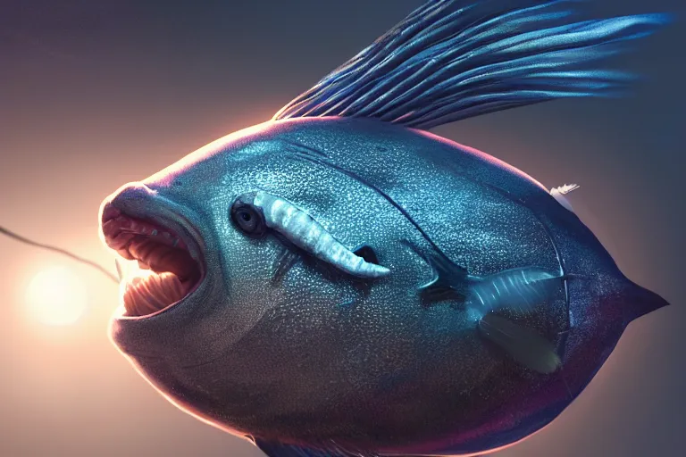 Image similar to Professional studio portrait of a deep sea fish with light dangling from head, hyperrealistic, concept art, illustration, 8k, cinematic, digital painting, very detailed, volumetric lighting, artstation, octane render