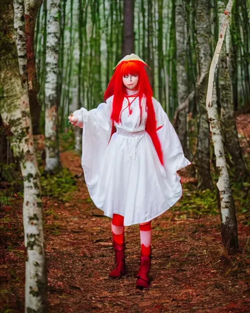 Prompt: beautiful Asuka Langley from evangelion as a real person dressed as a slavic priestess in holy birch forest in spring, 35mm, iPhone photo, HDR, DSLR, cinematic, trending on Instagram, 8k, 4k