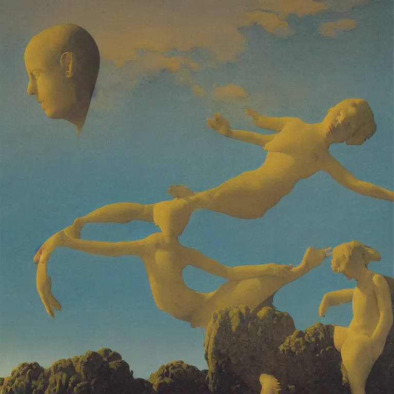 Prompt: A Monumental Public Sculpture of a 'Baby Head made of Sea Anemone Facing upward' on a pedestal by the lake, surreal oil painting by Maxfield Parrish and Max Ernst shocking detail hyperrealistic!! Cinematic lighting