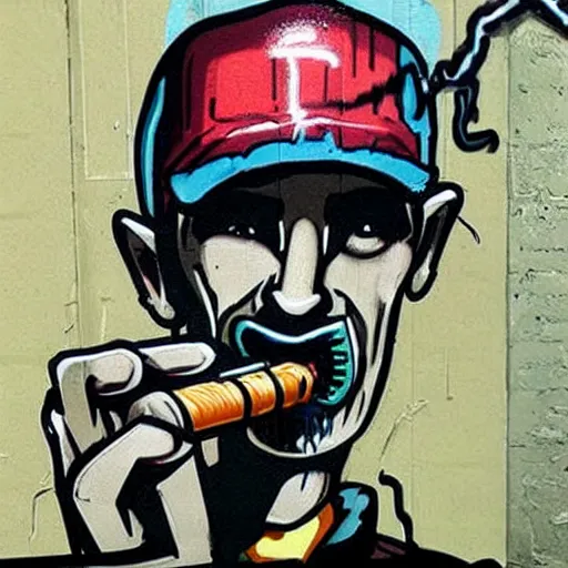 Image similar to graffiti art of the g - man from half life with a large cannabis cigarette in his mouth