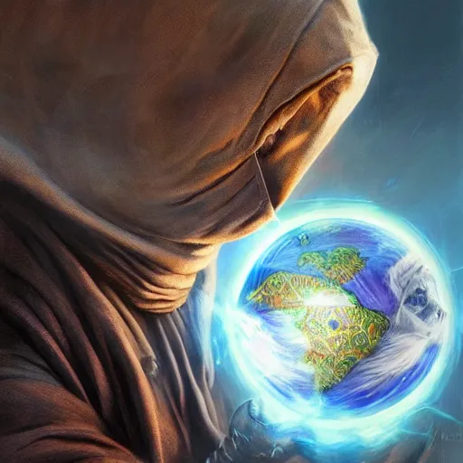 Image similar to masked nomad male wearing a cloak on and holding a holographic planet projection in his hand, detailed, sci - fi, digital painting, artstation, sharp focus, illustration, ominous, artgerm, tomasz alen kopera, peter mohrbacher, donato giancola, joseph christian leyendecker, wlop, frank frazetta