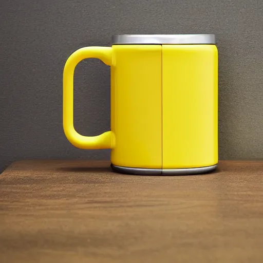 Image similar to yellow coffee mug, mugs surface is similar to a rimowa aluminium suitcase, mug is full of steaming coffee