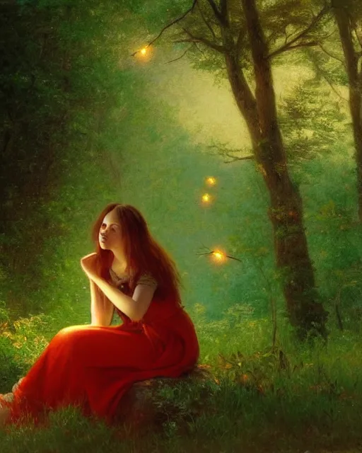 Image similar to a young woman, admiring the lights of golden fireflies, sitting in the midst of nature fully covered with a wonderful dress, long loose red hair, intricate details, green eyes, small nose with freckles, oval shape face, soft happy smile, realistic, expressive emotions, hyper realistic highly detailed art by albert bierstadt