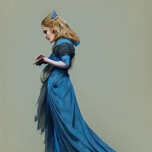 Image similar to full figure ultra realistic illustration, evan rachel wood wearing a maiden blue dress, blonde flowy hair, old west, intricate, elegant, highly detailed, digital painting, artstation, concept art, smooth, sharp focus, illustration, art by artgerm and greg rutkowski and alphonse mucha