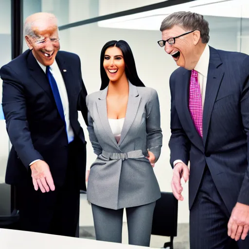 Image similar to stock photo of kim kardashian, joe biden, and bill gates wearing suits and ties laughing in an office building, 8k resolution, full HD, cinematic lighting, award winning, anatomically correct