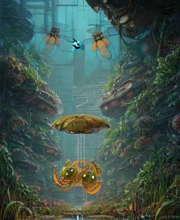 Prompt: a giant industrial plant made out of seamless isopod dragonflies, in the style of a puffy robot, overgrown with orchids, partly cloudy, somber, dramatic lighting, by dan mumford, yusuke murata, makoto shinkai, ross tran, cinematic, unreal engine, cel shaded, featured on artstation, pixiv