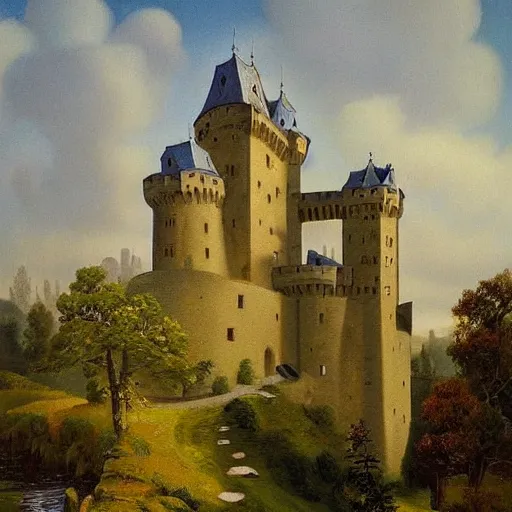 Prompt: a castle with many storey and towers in a serene landscape by archipenko olexandr