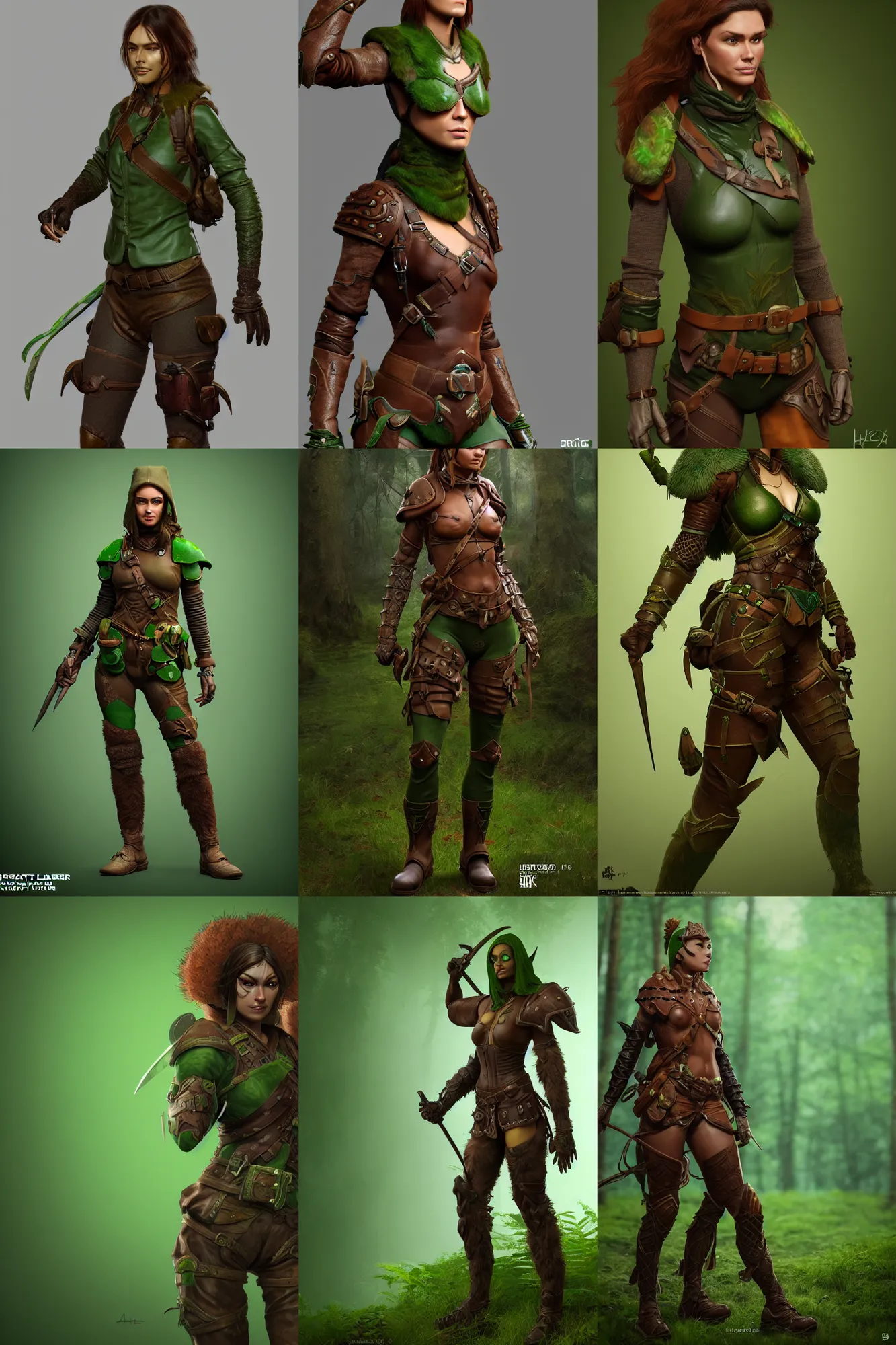 Prompt: Forest hunter lady, brown leather armor, green background, epic, high fantasy, trending on artstation, artstationHD, artstationHQ, cgsociety, octane, HD 16K