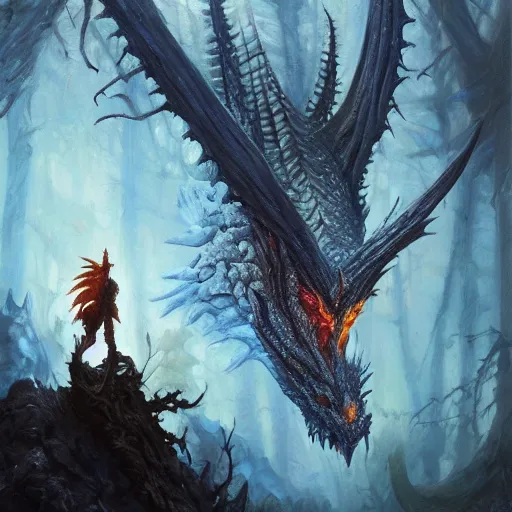 Image similar to oil painting of dragon in cold forest, dnd character, fantasy, magic, realistic textured skin, big lizard head, eagle feather, glowing eyes, clear clean, artgem, boris valejo, goro fujita, frank frazetta, heavy metal style, trending on artstation, digital painting, julie bell, beautiful, very detailed, pixar