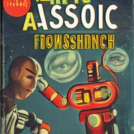 Image similar to 1 9 5 0 s science fiction book cover for isaac asimov's story robot friendship