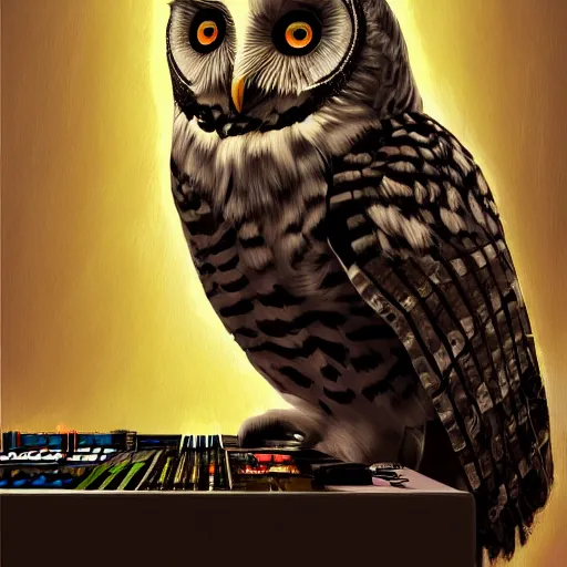 Prompt: an owl dj in human clothes making techno music, artistic, cartoon, oil painting, futuristic, humanoid, dramatic, very detailed, trending on artstation, surreal