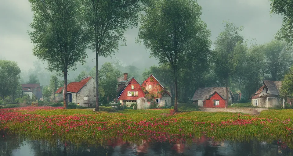 Prompt: a small village in the countryside on a rainy, reflections flowers, trees, colourful wooden houses, Scandinavian style, trending on artstation, octane render, highly detailed, 70mm, cinematic, atmospheric, cute