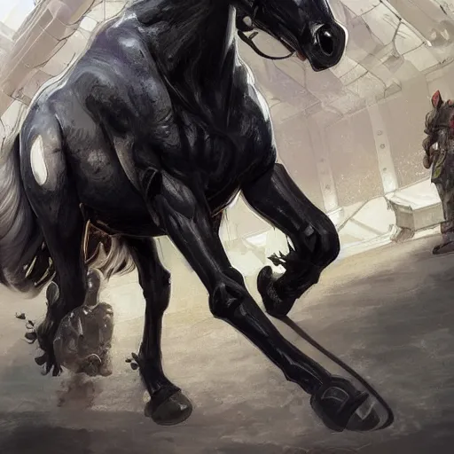 Image similar to splash art of a black - coated anthropomorphic horse supersoldier with gargantuan muscles in a research facility wearing a combat kevlar outfit, long white mane coming out of helmet, highly detailed, furry, furaffinity, digital painting, artstation, sharp focus, illustration, art by artgerm, greg rutkowski, alphonse mucha