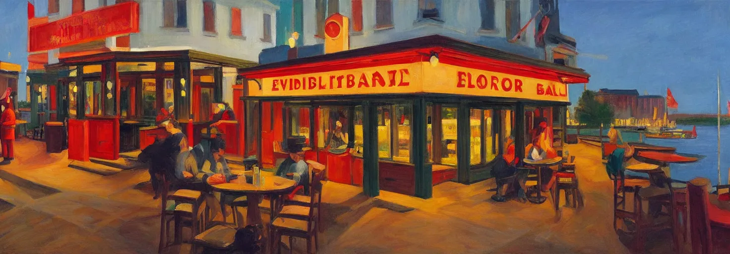 Image similar to a lively bar along the waterfront in the style of an edward hopper painting