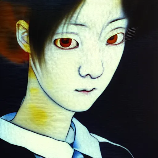 Image similar to yoshitaka amano blurred and dreamy realistic three quarter angle portrait of a young woman with short hair and black eyes wearing office suit with tie, junji ito abstract patterns in the background, satoshi kon anime, noisy film grain effect, highly detailed, renaissance oil painting, weird portrait angle, blurred lost edges